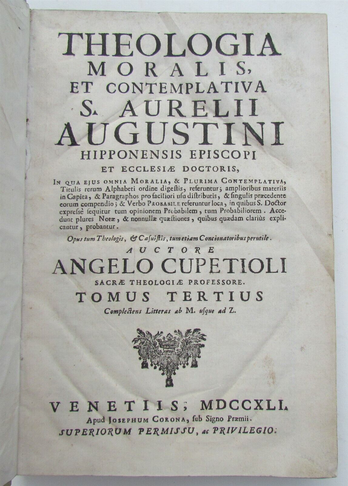 1741 VELLUM BOUND ANTIQUE FOLIO S. AURELII AUGUSTINI by ANGELO CUPETIOLI