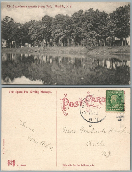 UNADILLA N.Y. SUSQUEHANNA OPPOSITE HAYES PARK 1908 ANTIQUE POSTCARD CORK CANCEL