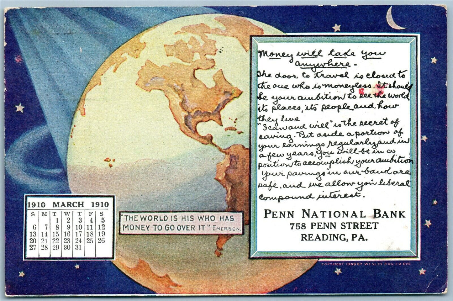 READING PA PENN NATIONAL BANK ADVERTISING ANTIQUE POSTCARD MARCH 1910 CALENDAR