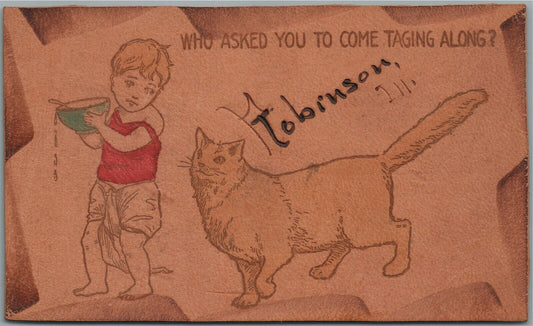 ROBINSON IL LEATHER ANTIQUE POSTCARD w/ CAT