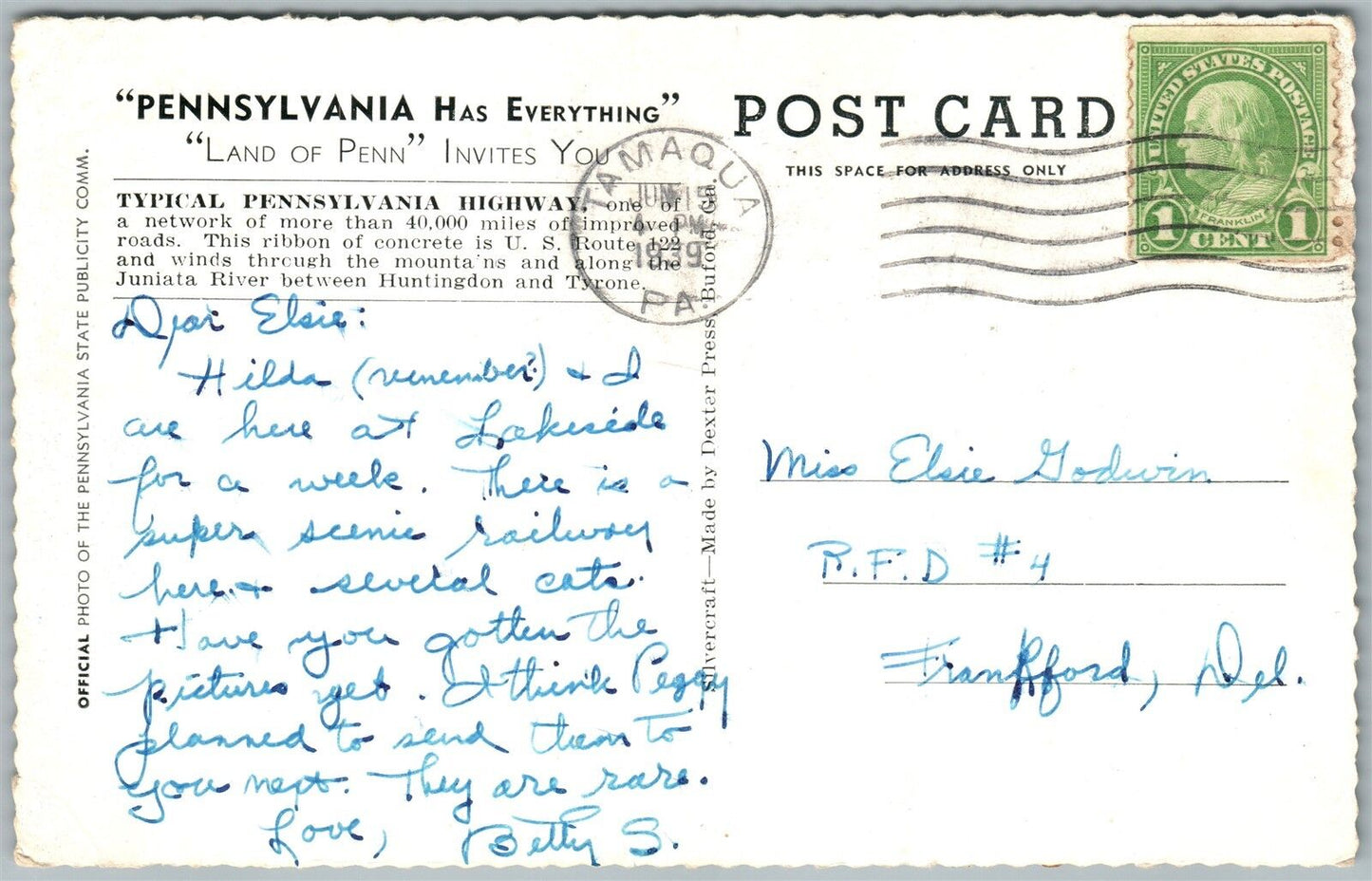 PENNSYLVANIA HIGHWAY BETWEEN HUNTINGDON & TYRONE 1939 VINTAGE POSTCARD