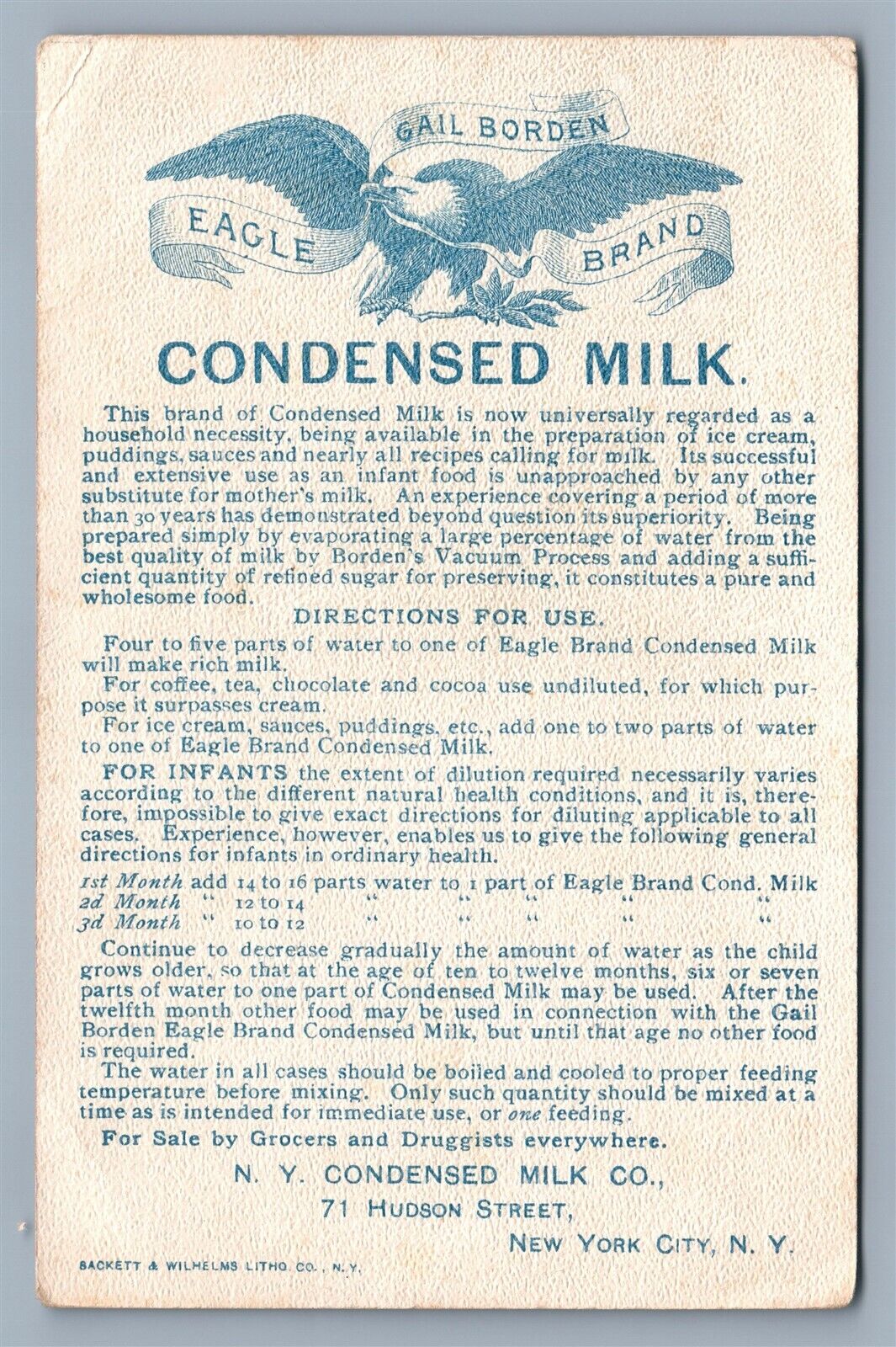 NY CONDENSED MILK CO. VICTORIAN TRADE CARD NEW YORK HUDSON STREET