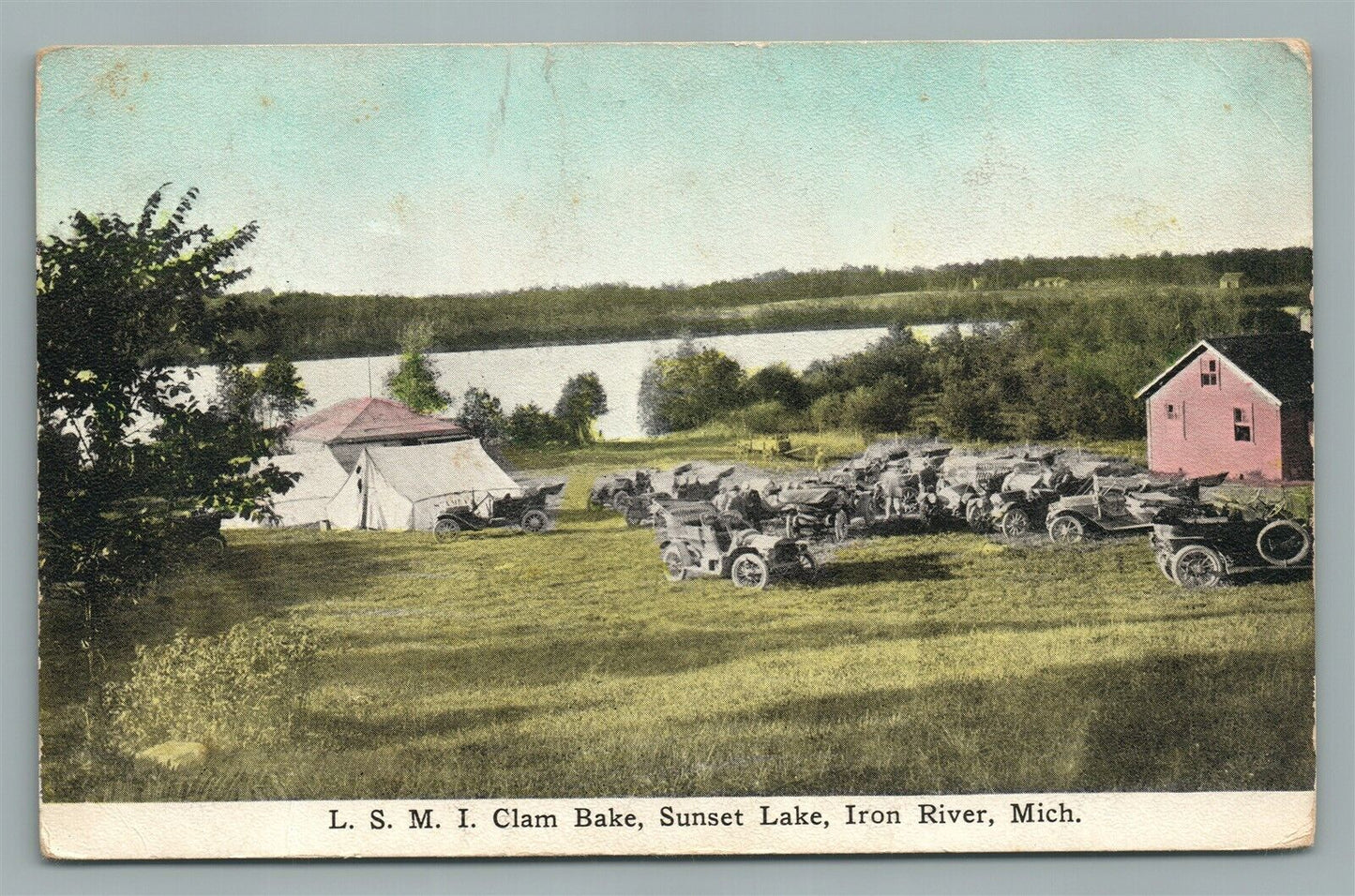 IRON RIVER MI SUNSET LAKE L.S.M.I. CLAM BAKE ANTIQUE POSTCARD old cars