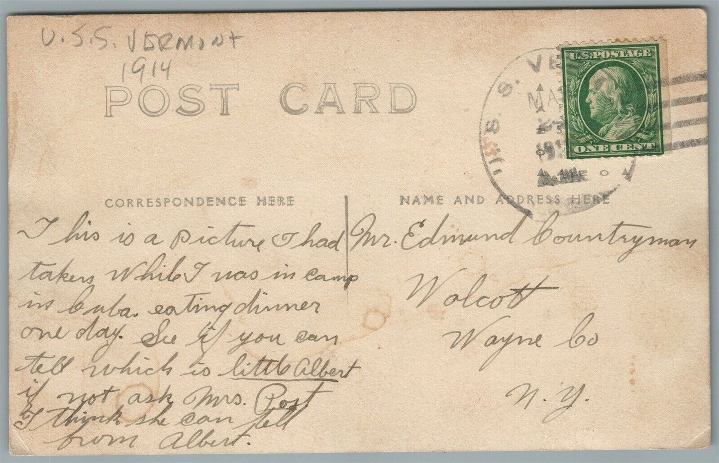 USS VERMONT CREW SAILORS in NAVAL CAMP 1914 ANTIQUE REAL PHOTO POSTCARD RPPC