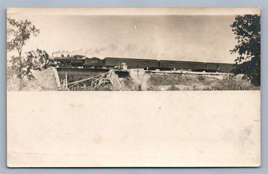 FREIGHT TRAIN on RAILROAD BRIDGE ANTIQUE REAL PHOTO POSTCARD RPPC railway