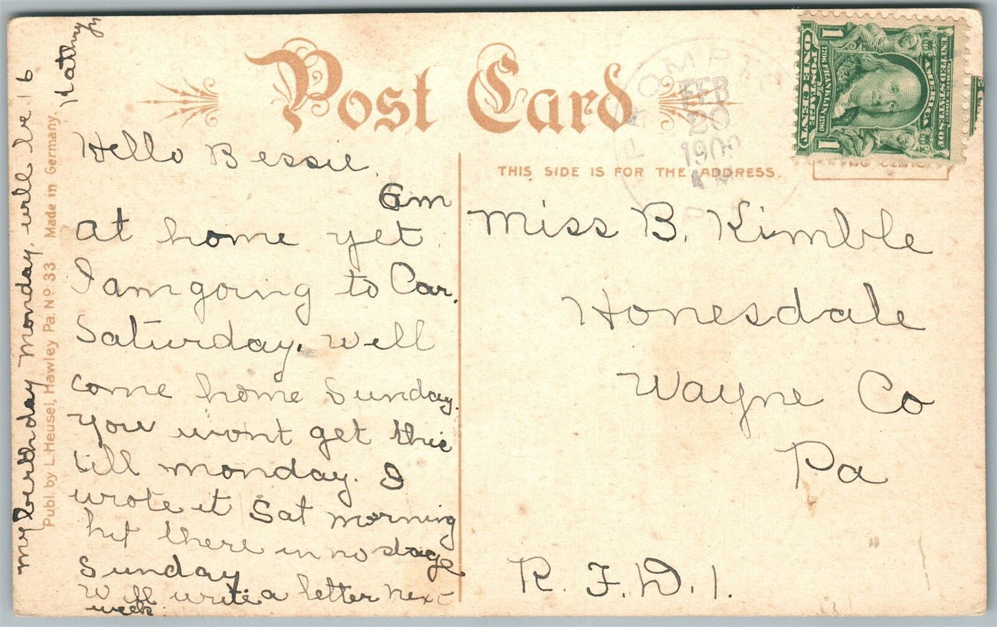 SEELYVILLE WAYNE COUNTY PA 1909 ANTIQUE POSTCARD