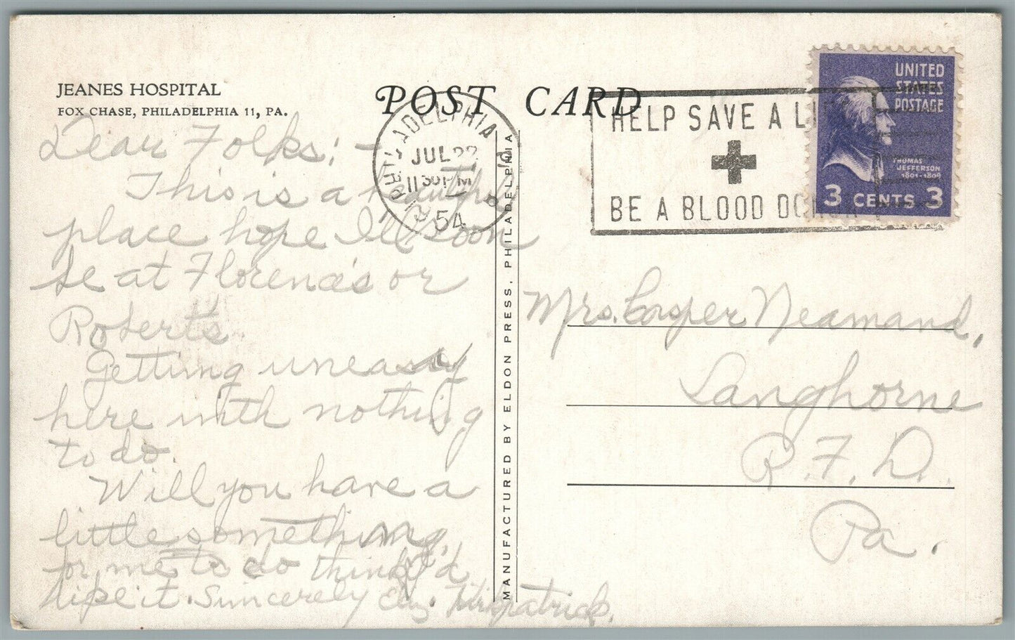 PHILADELPHIA PA FOX CHASE JEANES HOSPITAL VINTAGE POSTCARD