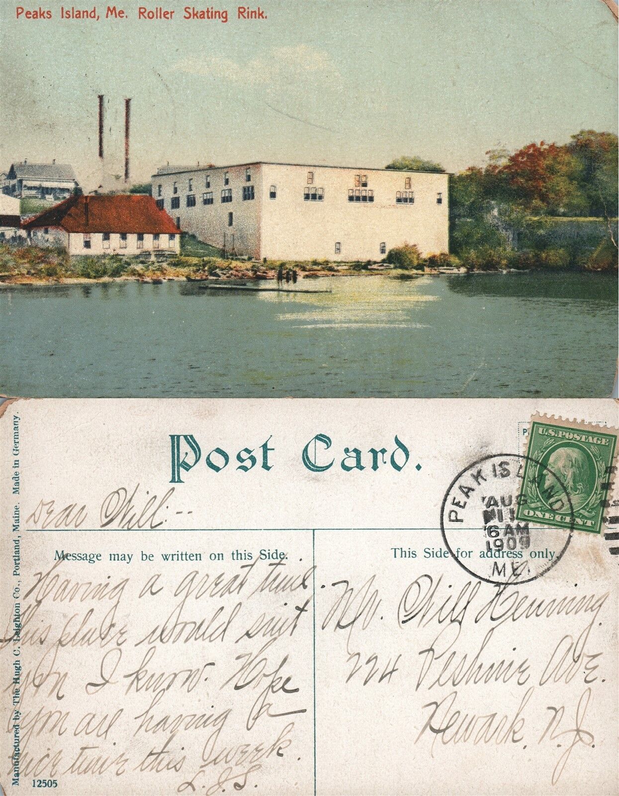 PEAKS ISLAND ME ROLLER SKATING RINK 1909 ANTIQUE POSTCARD