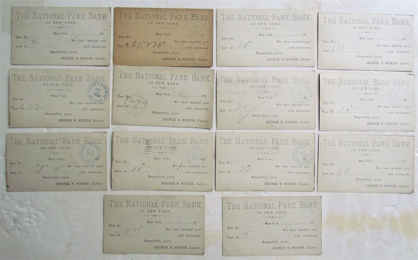 1880s-1890s LOT of 14 NATIONAL PARK BANK of NY ANTIQUE STATEMENT CARDS POSTCARDS