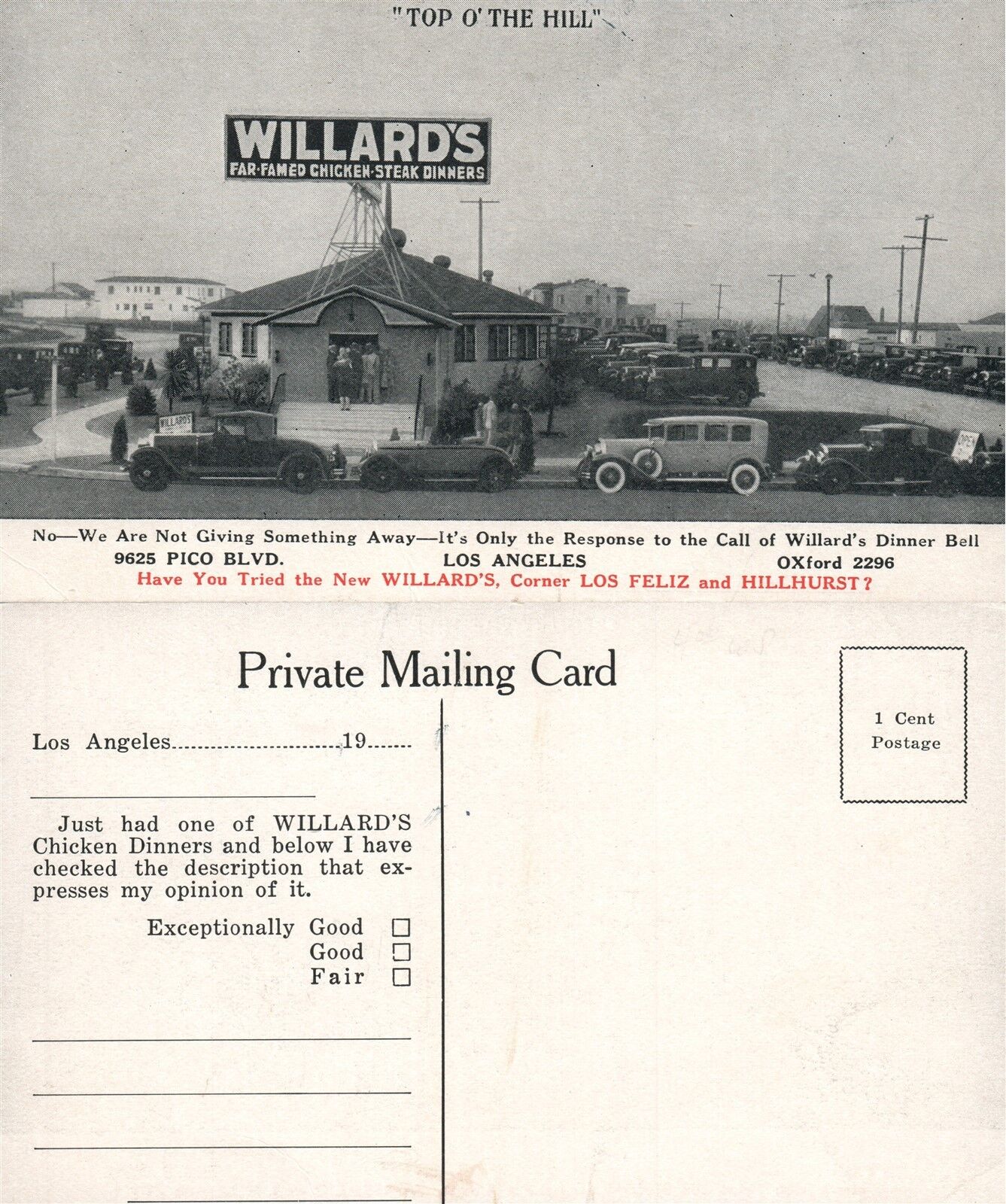 LOS ANGELES CA WILLARD'S RESTAURANT ADVERTISING VINTAGE POSTCARD