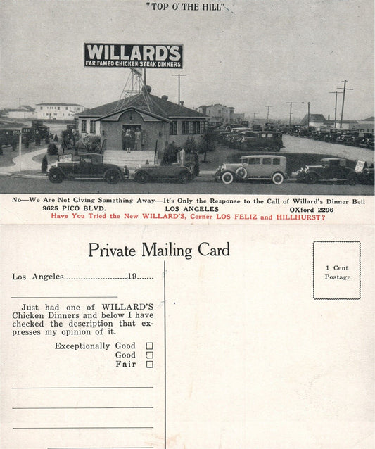 LOS ANGELES CA WILLARD'S RESTAURANT ADVERTISING VINTAGE POSTCARD