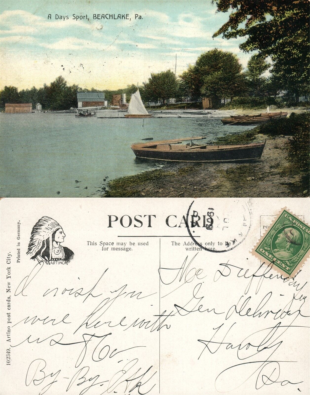 BEACHLAKE PA A DAYS SPORT BOATING 1909 ANTIQUE POSTCARD