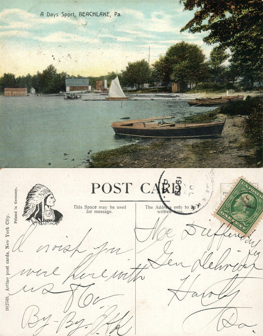 BEACHLAKE PA A DAYS SPORT BOATING 1909 ANTIQUE POSTCARD