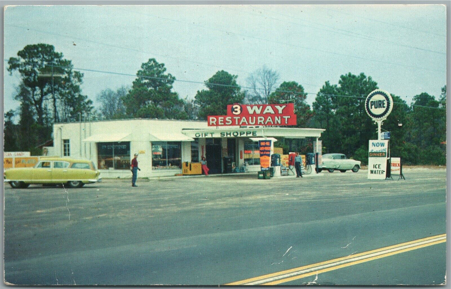 FOLKSTON GA GAS STATION 3-WAY RESTAURANTS VINTAGE POSTCARD