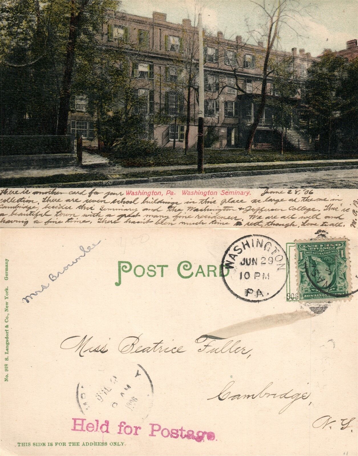 WASHINGTON PA SEMINARY 1906 UNDIVIDED ANTIQUE POSTCARD