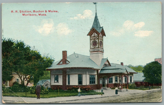 MARLBORO MA RAILROAD STATION RAILWAY TRAIN DEPOT ANTIQUE POSTCARD