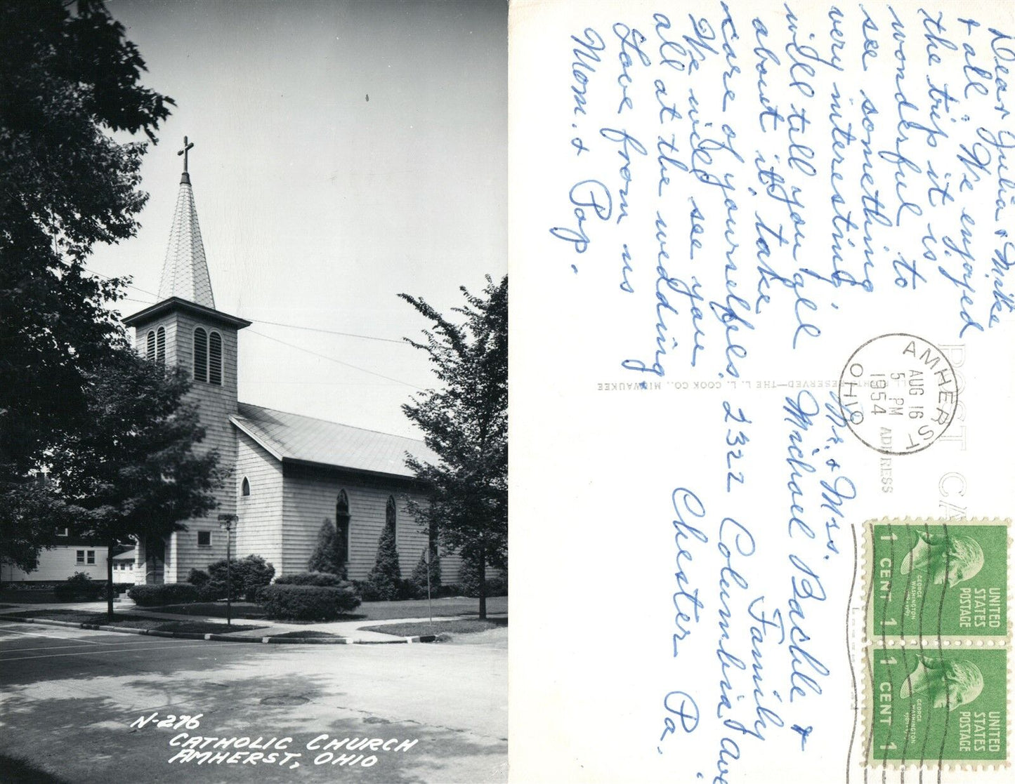 AMHERST OH CATHOLIC CHURCH 1954 REAL PHOTO VINTAGE POSTCARD RPPC