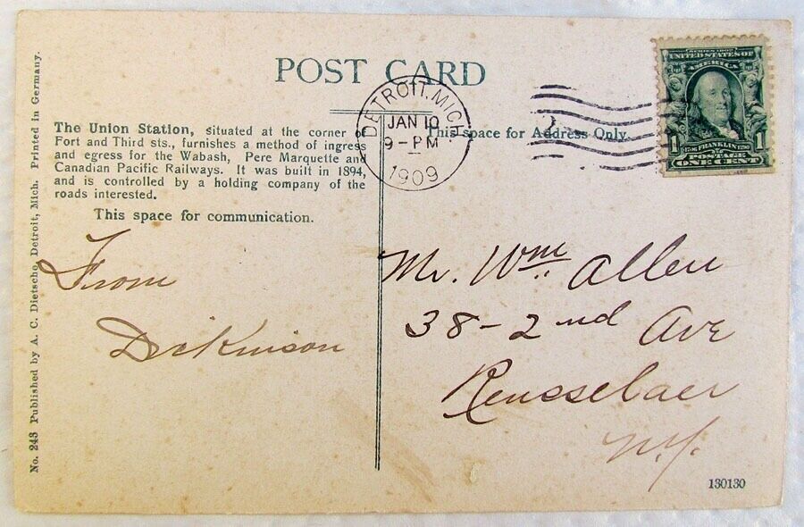 ANTIQUE 1909 POSTCARD UNION RAILROAD DEPOT DETROIT MICH. railway station