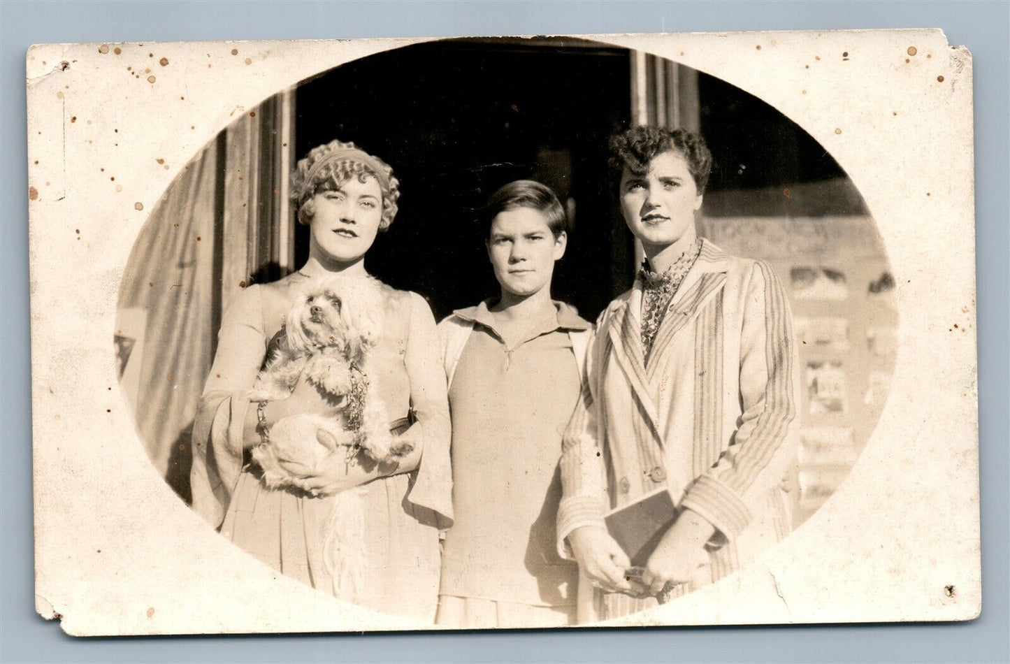 YOUNG LADIES w/ DOG ANTIQUE REAL PHOTO POSTCARD RPPC