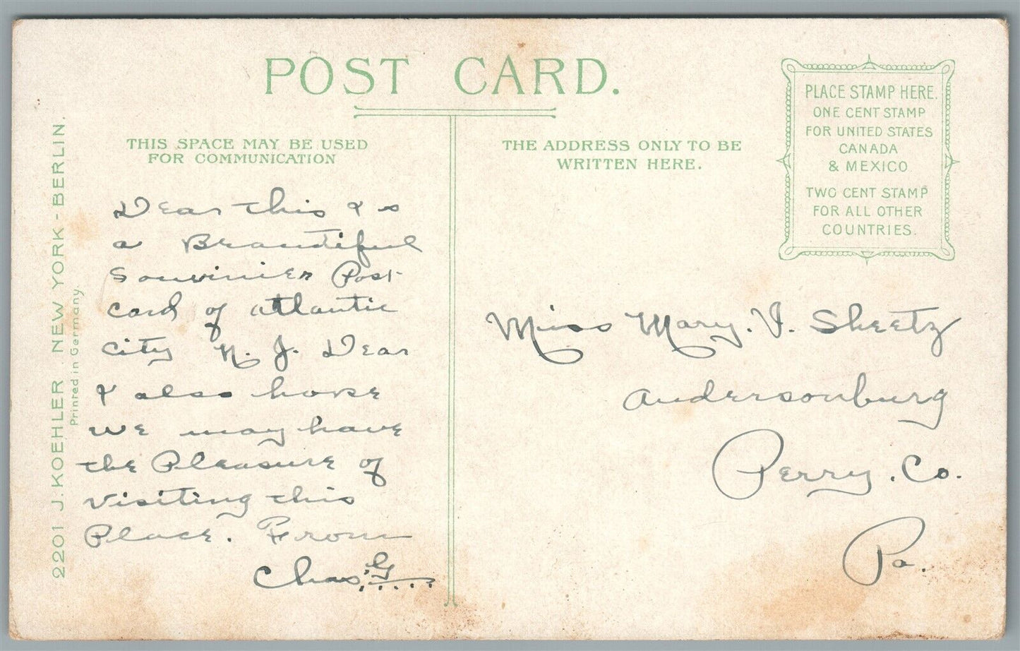 ATLANTIC CITY NJ GREEN'S DUNLOP & CHALFONTE HOTELS ANTIQUE POSTCARD