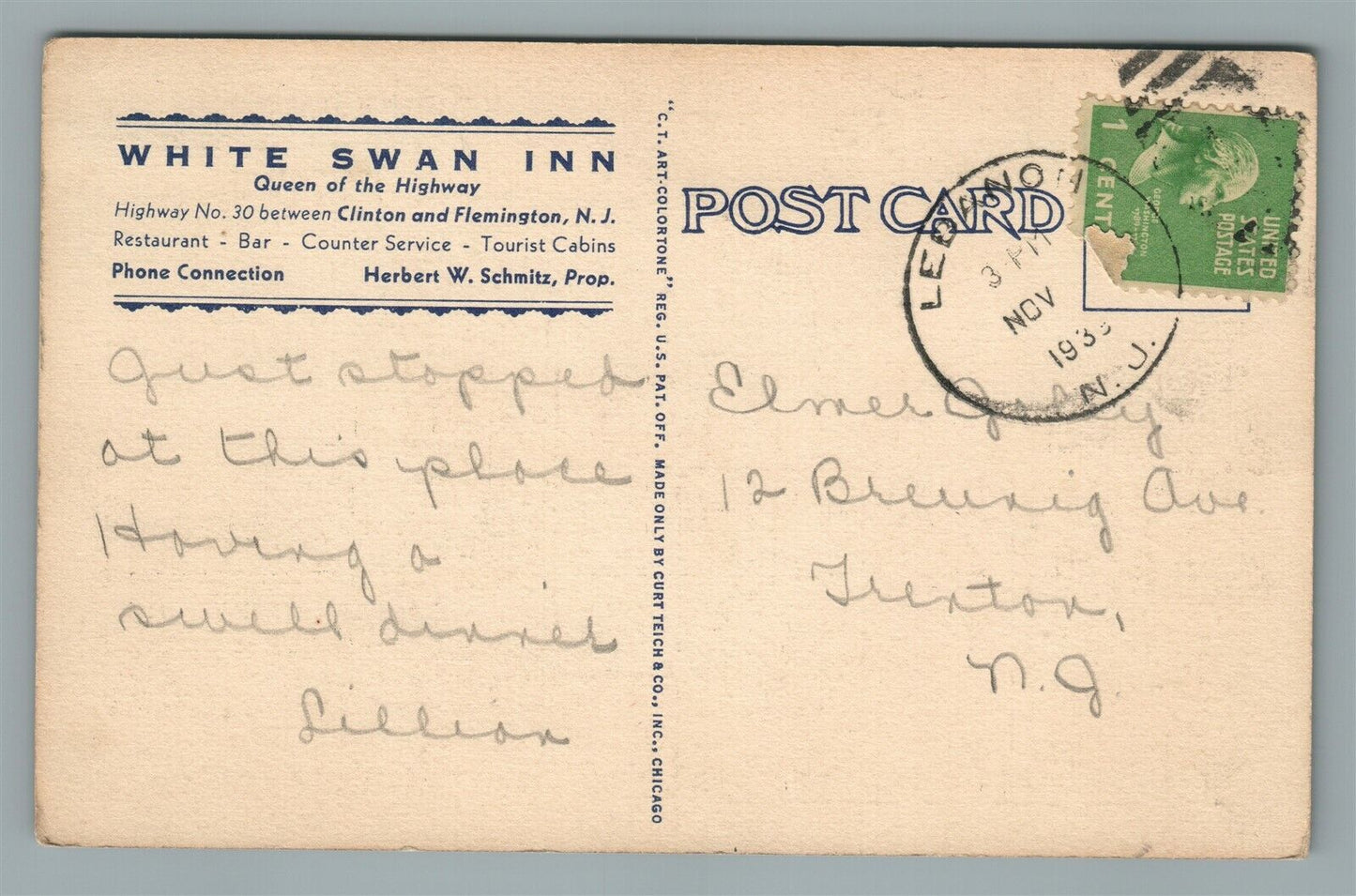 WHITE SWAN INN HWY No. 30 BETWEEN CLINTON & FLEMINGTON NJ VINTAGE POSTCARD