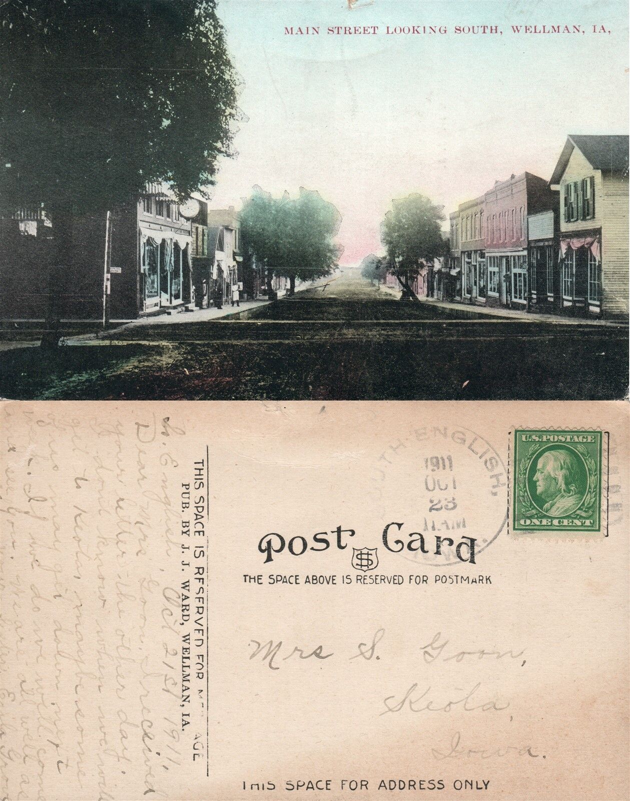 WELLMAN IA MAIN STREET 1911 ANTIQUE POSTCARD