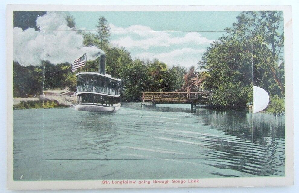 VINTAGE FOLDING POSTCARD STR. LONGFELLOW GOING THROUGH SONGO LOCK MAINE