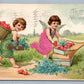 VALENTINE ANTIQUE POSTCARD ANGEL GIRLS BOX of HEARTS IN APPLIQUE CLOTH DRESSES