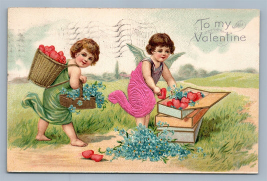 VALENTINE ANTIQUE POSTCARD ANGEL GIRLS BOX of HEARTS IN APPLIQUE CLOTH DRESSES