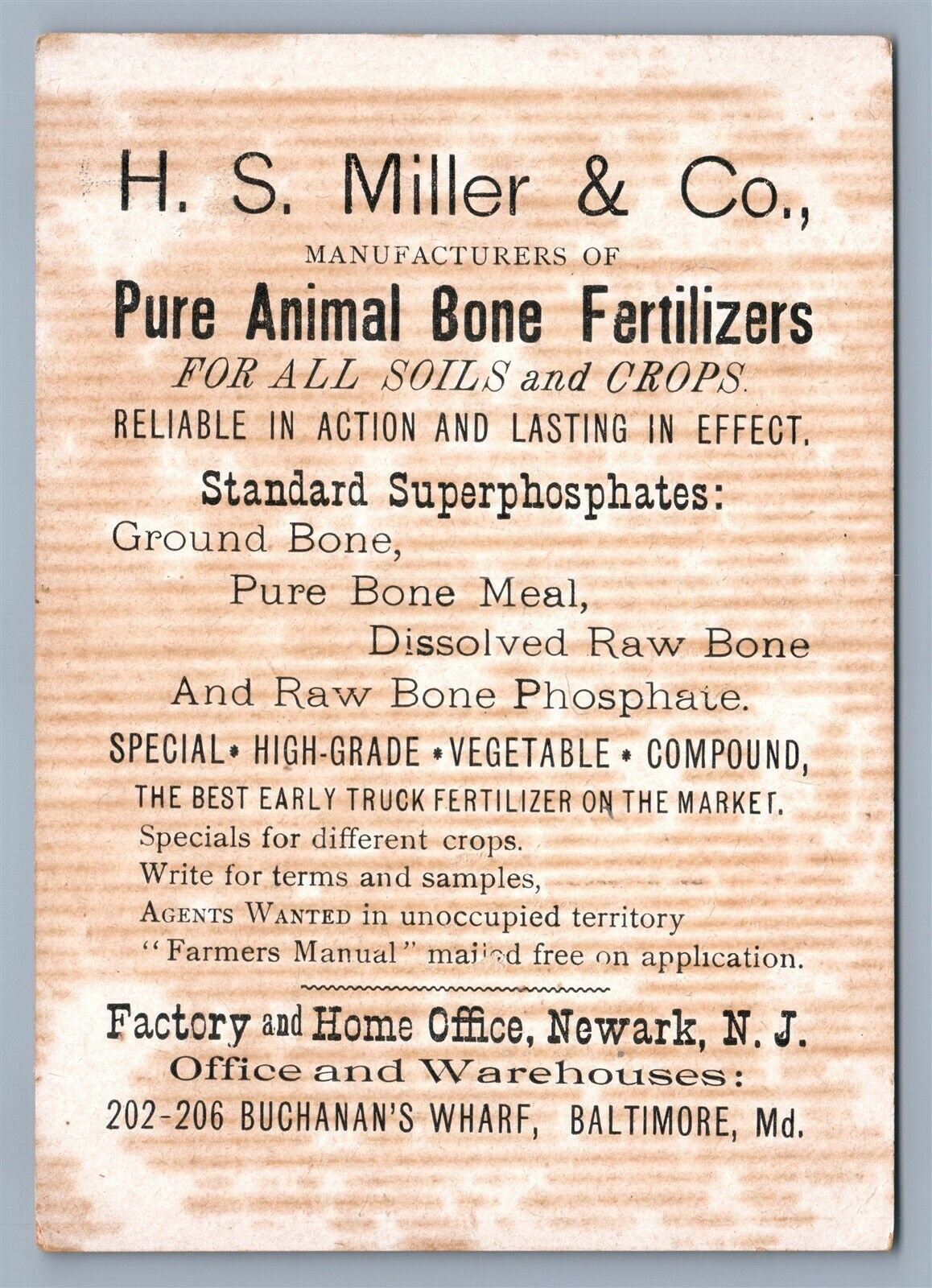 NEWARK NJ BALTIMORE MD VICTORIAN TRADE CARD ANIMAL BONE FERTILIZERS MILLER & CO