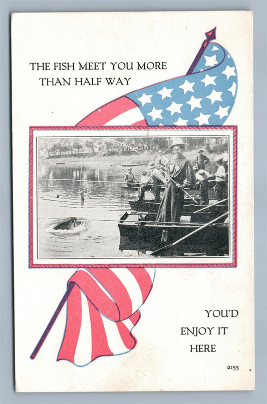 FISHING WOMAN PATRIOTIC ANTIQUE POSTCARD