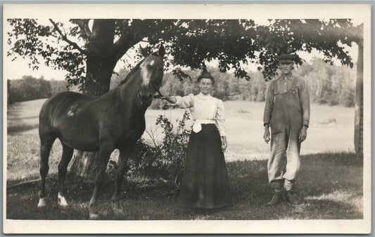 FAMILY COUPLE w/ HORSE ANTIQUE REAL PHOTO POSTCARD RPPC