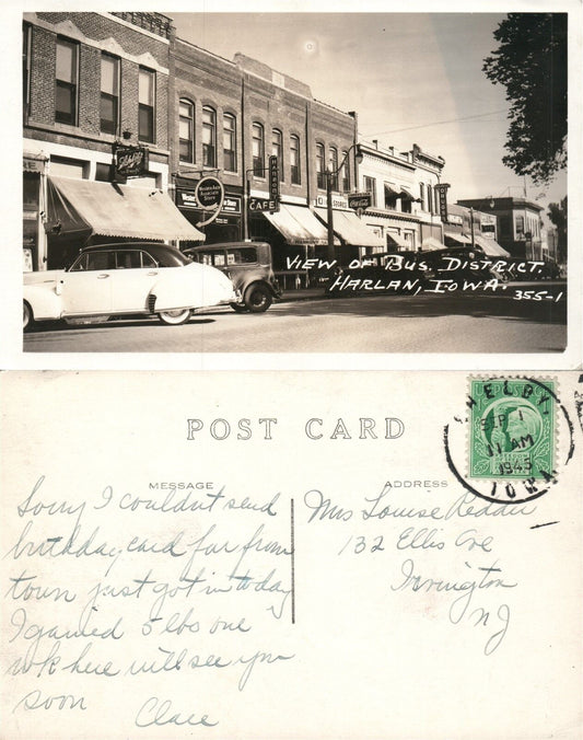 HARLAN IA BUSINESS DISTRICT STREET SCENE 1945 VINTAGE REAL PHOTO POSTCARD RPPC