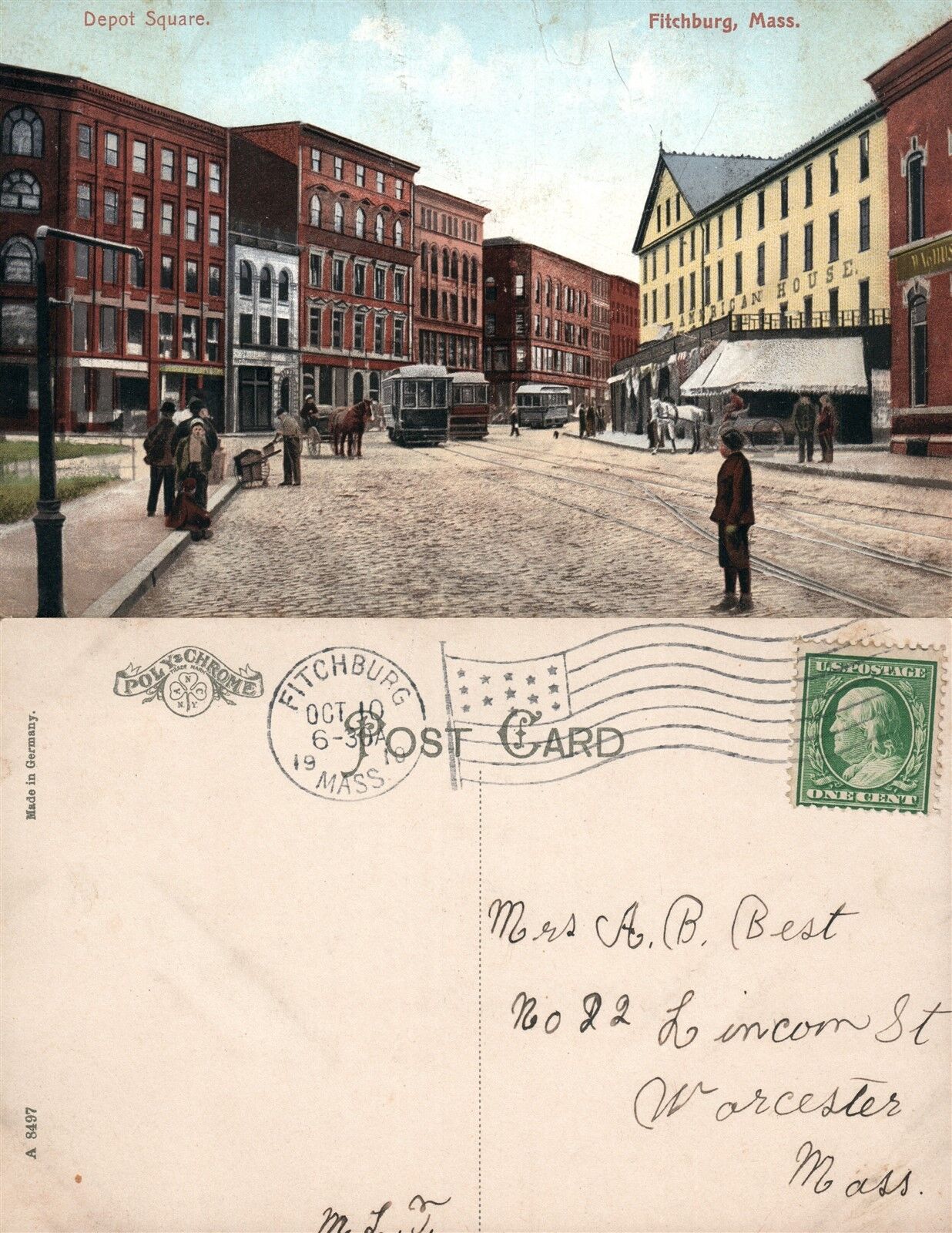 FITCHBURG MA RAILROAD DEPOT SQUARE 1910 ANTIQUE POSTCARD trolleys
