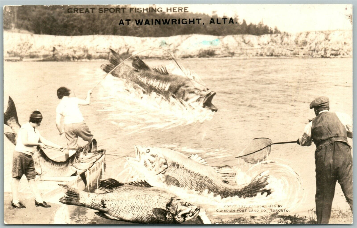 WAINWRIGHT ALTA. CANADA FISHING EXAGGERATED ANTIQUE REAL PHOTO POSTCARD RPPC