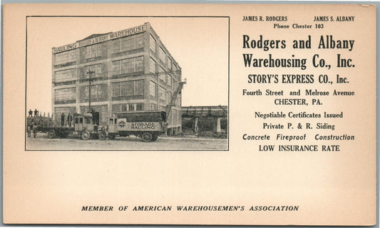 CHESTER PA ROGERS & ALBANY WAREHOUSING CO. VINTAGE POSTCARD