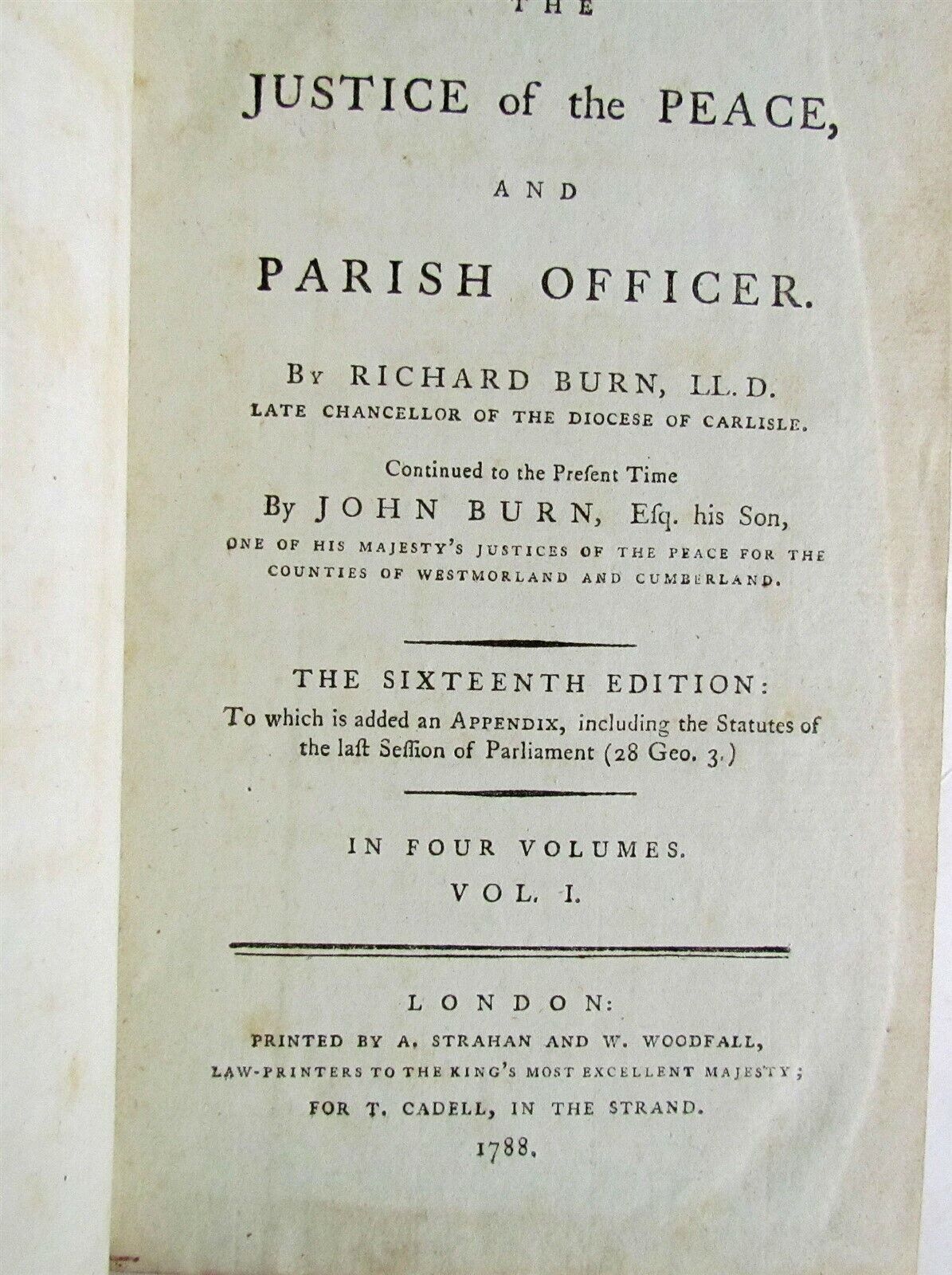 1788 4 VOLUMES JUSTICE of PEACE & PARISH OFFICER RUCHARD BURN LAW BOOKS ENGLISH