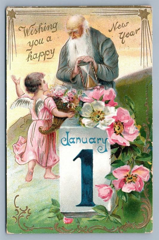 SANTA in GREY ROBE w/ SAND CLOCK 1908 NEW YEAR CHRISTMAS ANTIQUE POSTCARD