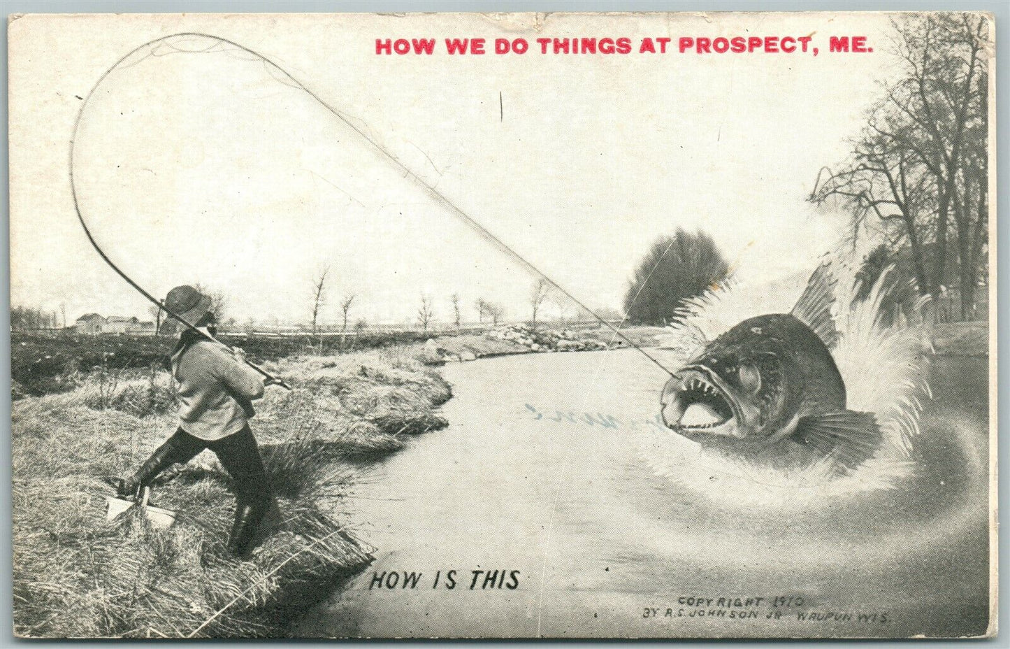 EXAGGERATED FISHING 1911 ANTIQUE POSTCARD PROSPECT MAINE