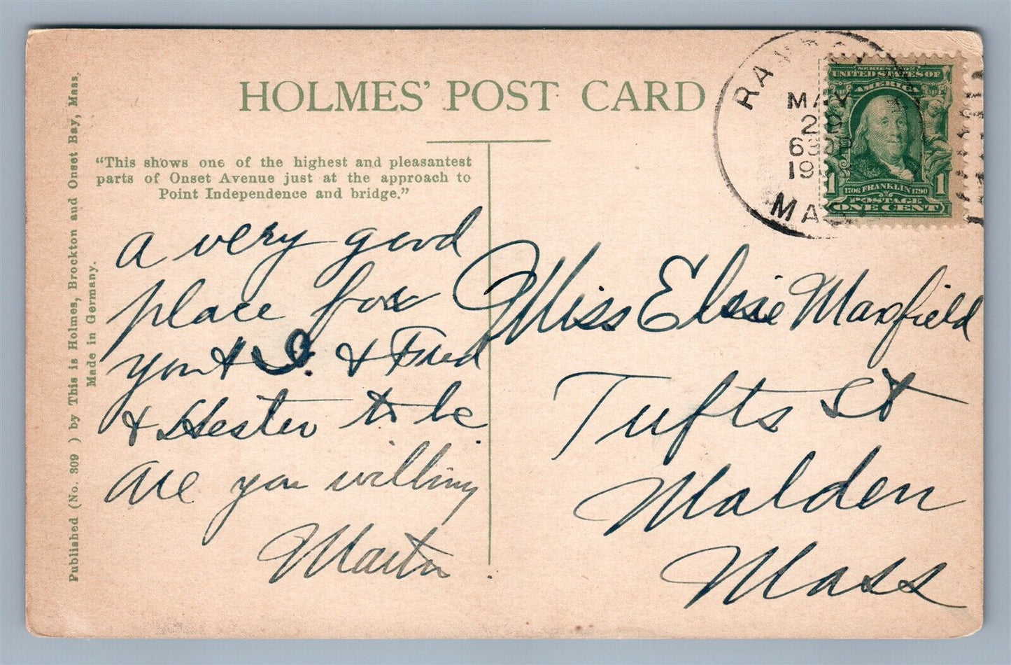 ONSET BAY MA ONSET AVENUE & GLEN COVE 1908 ANTIQUE POSTCARD
