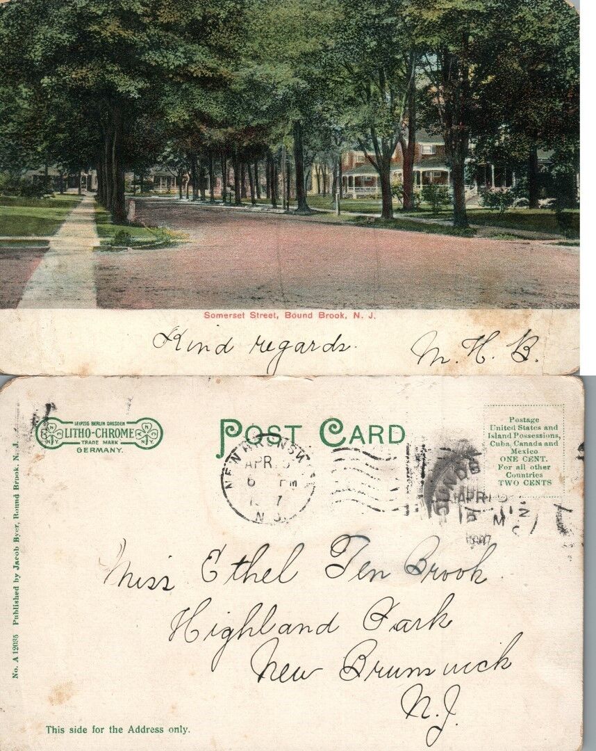 BOUND BROOK N.J. SOMERSET STREET 1907 UNDIVIDED ANTIQUE POSTCARD