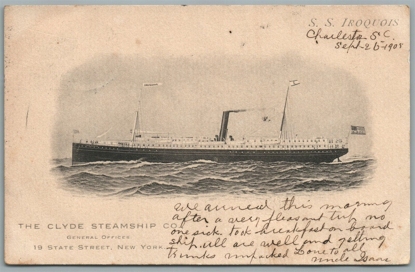 SS IROQUOIS CLYDE STEAMSHIP CO. ANTIQUE POSTCARD