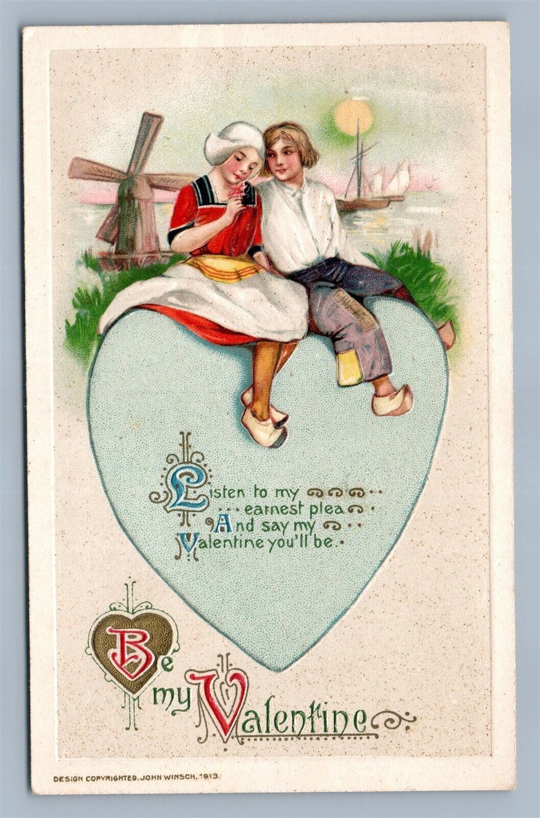 BE MY VALENTINE 1913 EMBOSSED ANTIQUE POSTCARD by JOHN WINSCH series 62182