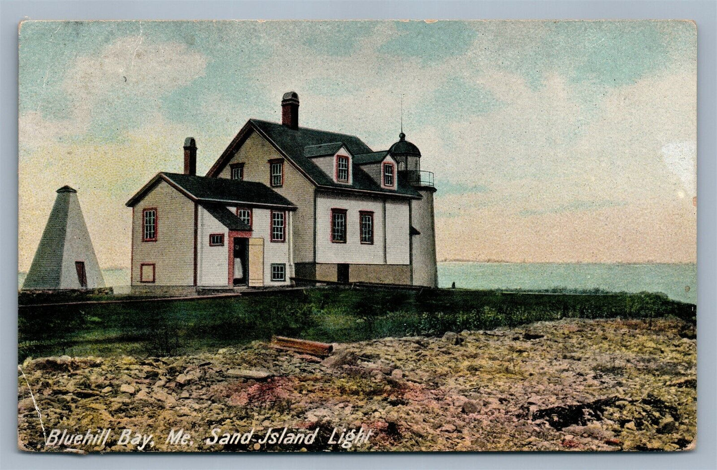 BLUEHILL BAY ME SAND ISLAND LIGHT HOUSE ANTIQUE POSTCARD
