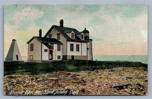 BLUEHILL BAY ME SAND ISLAND LIGHT HOUSE ANTIQUE POSTCARD