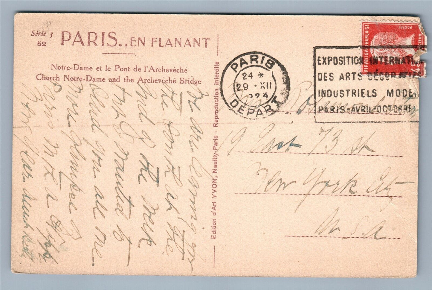 FRANCE NOTRE DAM ANTIQUE POSTCARD 1925 INT'L EXHIBITION of MODERN ART STAMP