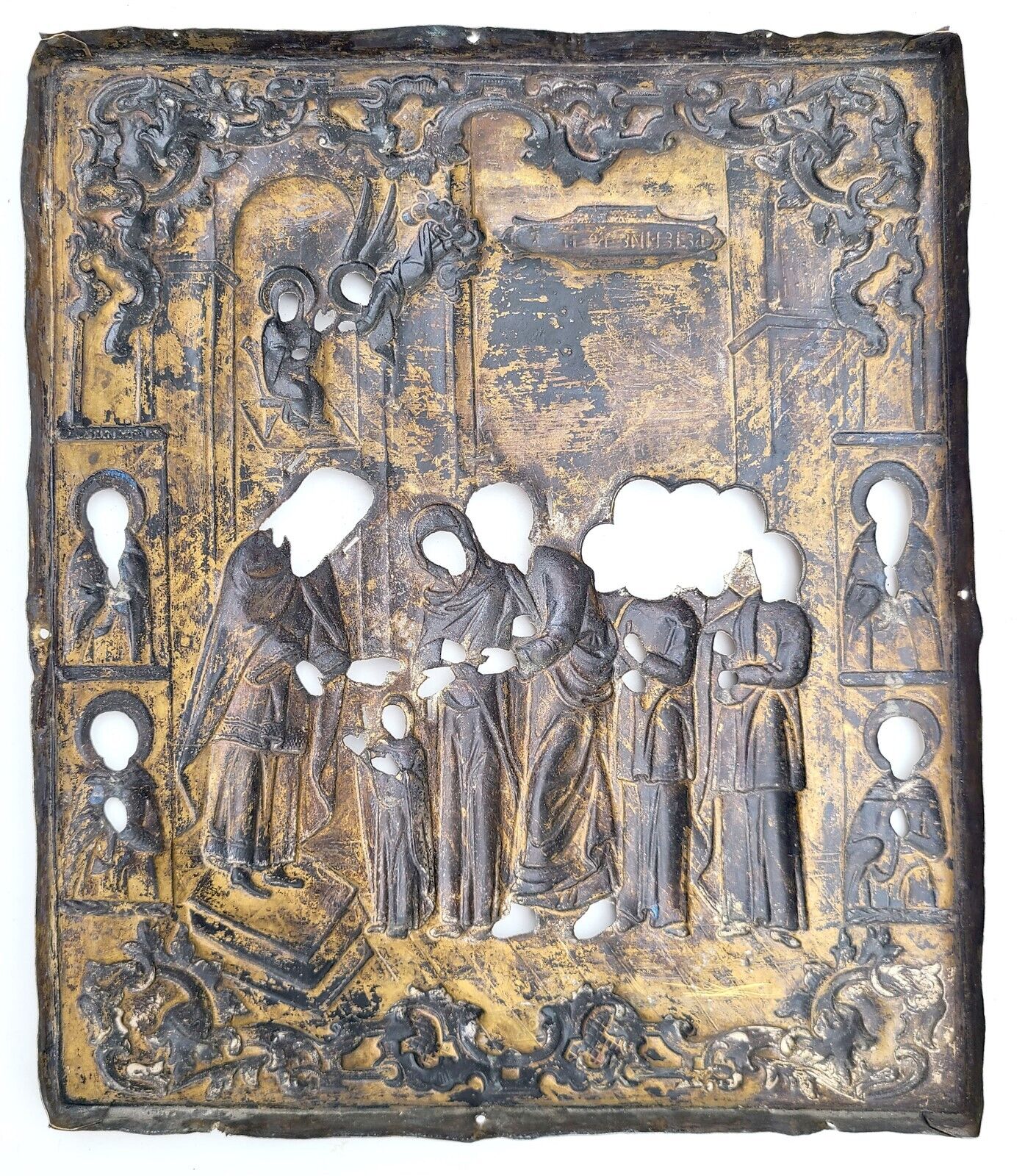 RUSSIAN ICON PRESENTATION TO THE TEMPLE OKLAD 19th CENTURY antique BRASS