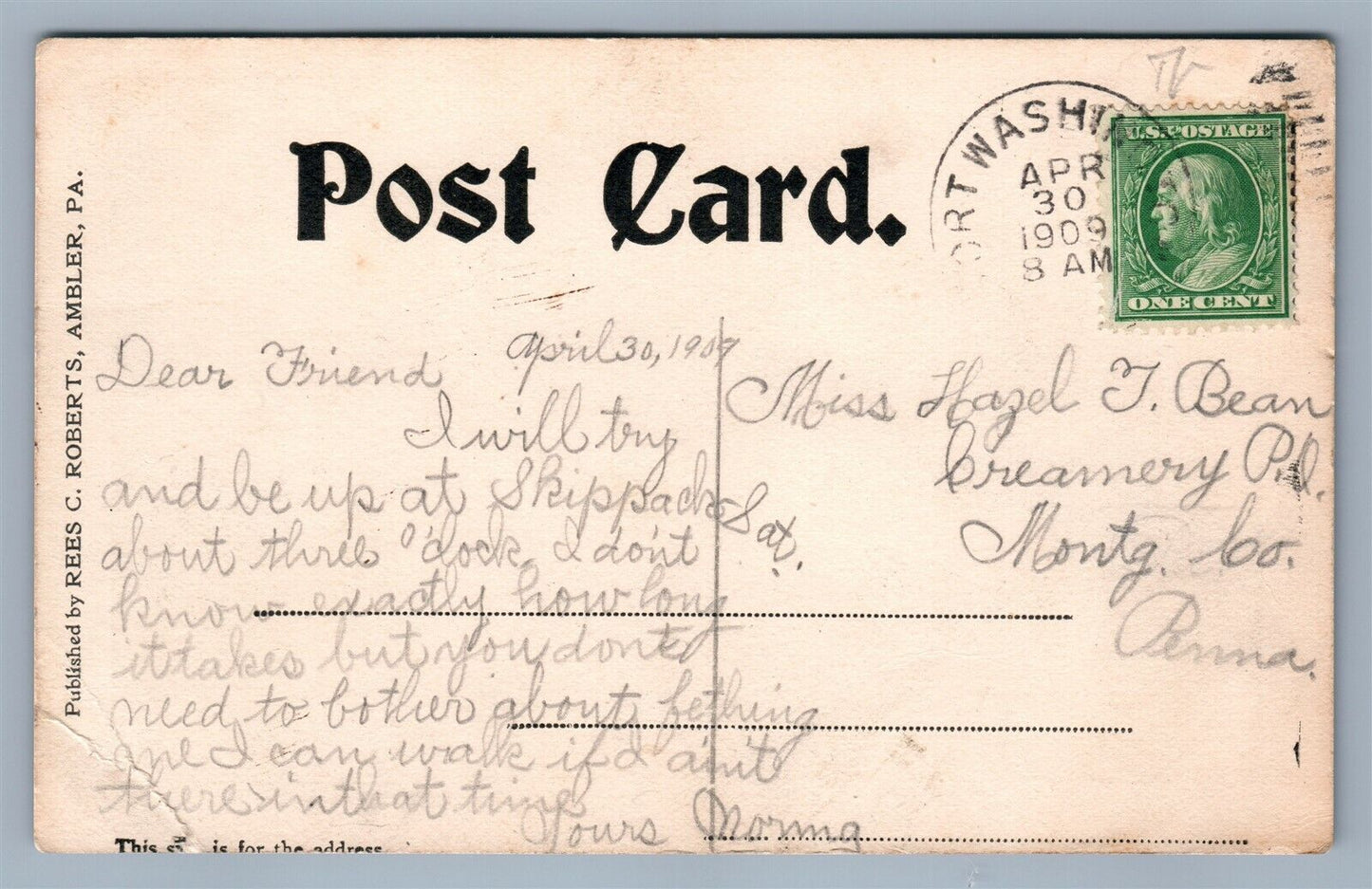 FORT WASHINGTON PA TRINITY LUTHERAN CHURCH 1909 ANTIQUE POSTCARD