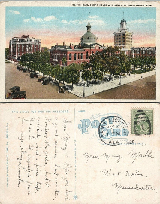 ELK'S HOME COURT HOUSE & NEW CITY HALL TAMPA FL ANTIQUE 1920 POSTCARD