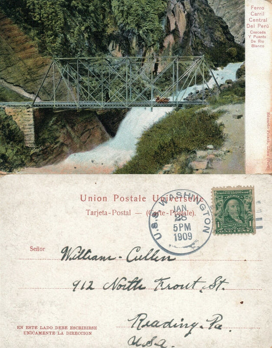 FERRO CARRIL CENTRAL DEL PERU BRIDGE 1909 ANTIQUE POSTCARD